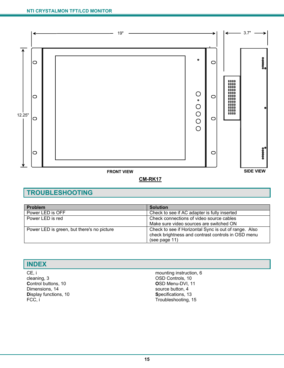 Troubleshooting, Index | Network Technologies CRYSTALMON CM-WL17 User Manual | Page 19 / 20