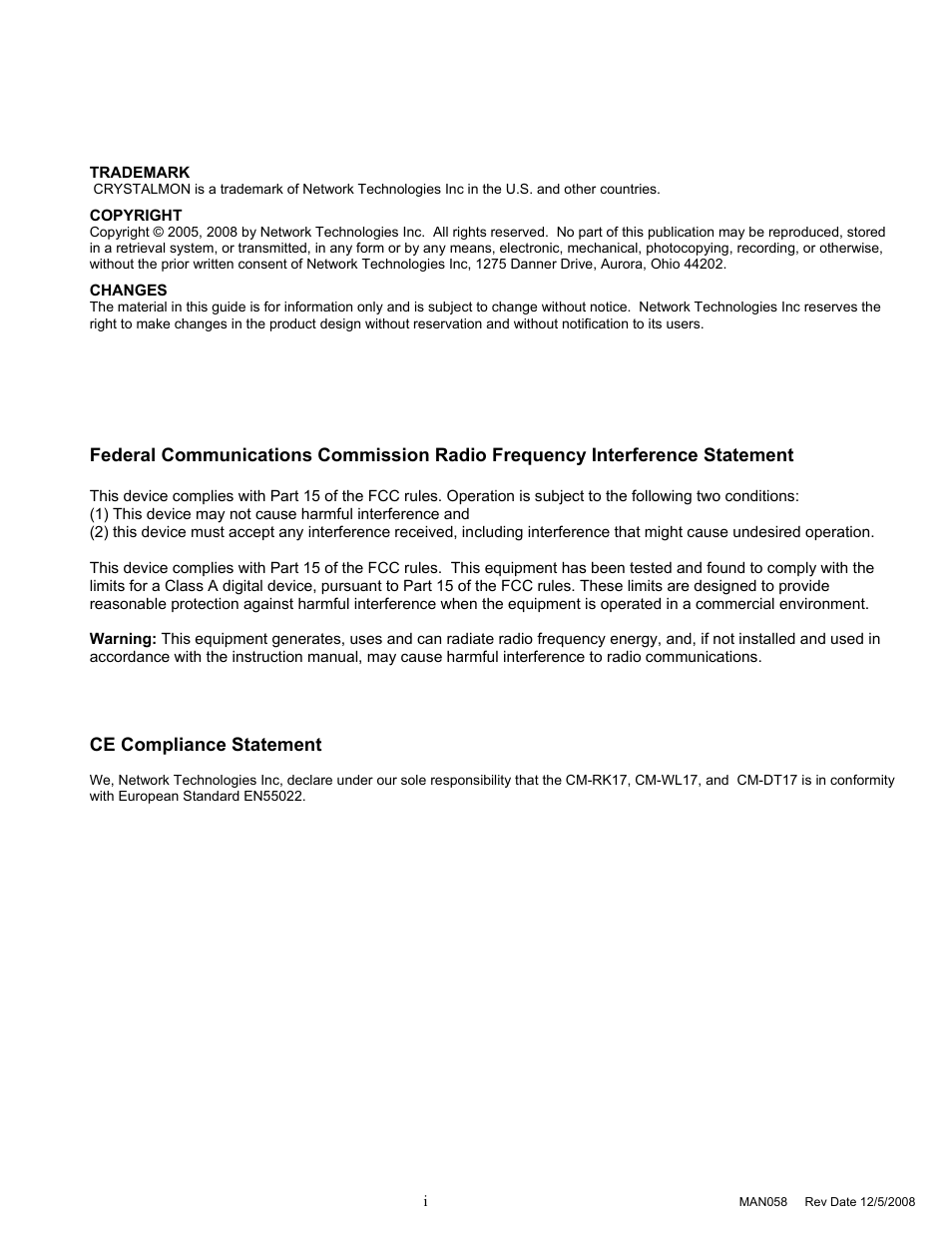 Ce compliance statement | Network Technologies CRYSTALMON CM-WL17 User Manual | Page 2 / 20