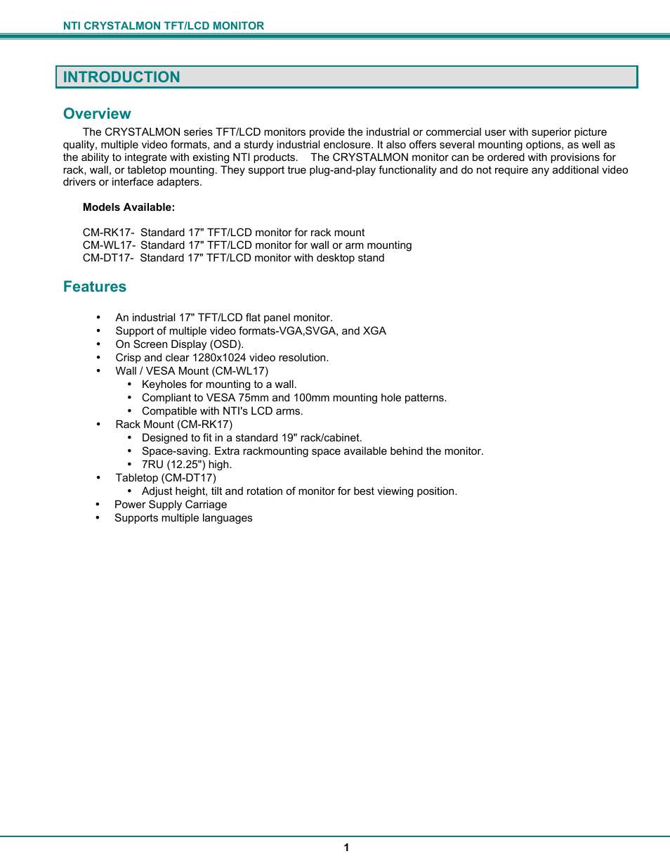 Introduction overview, Features | Network Technologies CRYSTALMON CM-WL17 User Manual | Page 5 / 20