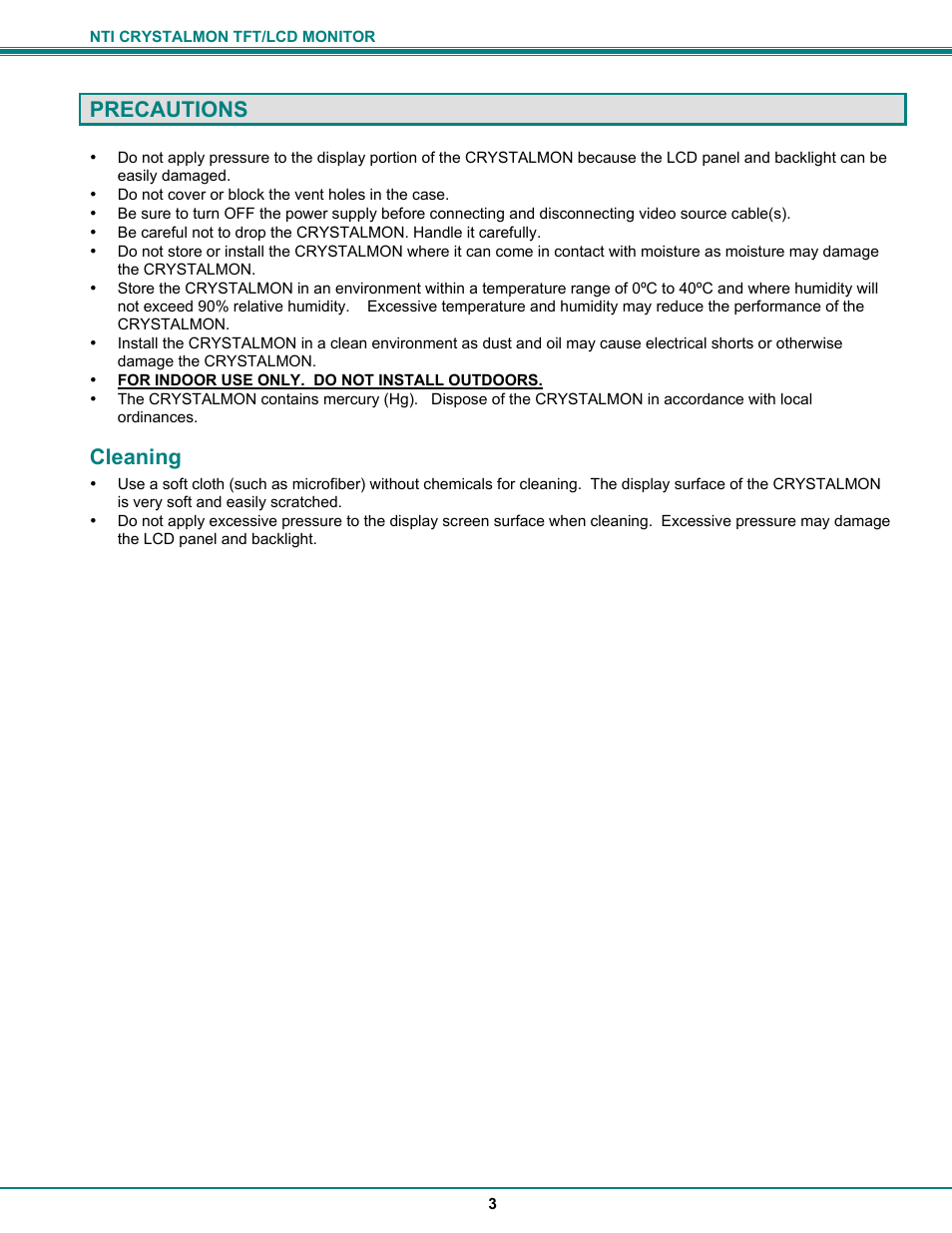 Precautions, Cleaning | Network Technologies CRYSTALMON CM-WL17 User Manual | Page 7 / 20