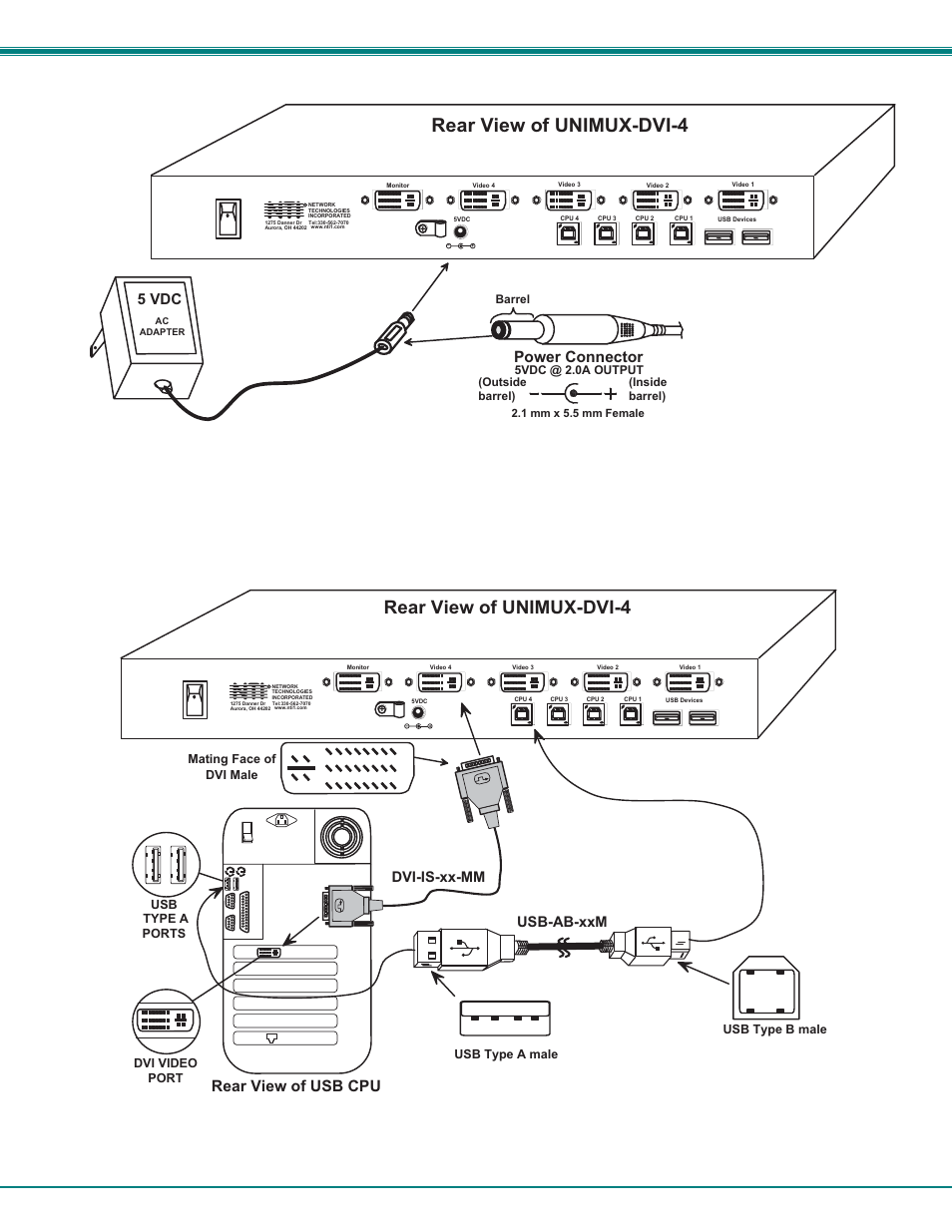 N t i, Nti unimux series usb dvi kvm switch 6, Figure 5- connect the ac adapter | Figure 6- connect each cpu, 5 v d c | Network Technologies DVI-4 User Manual | Page 9 / 16