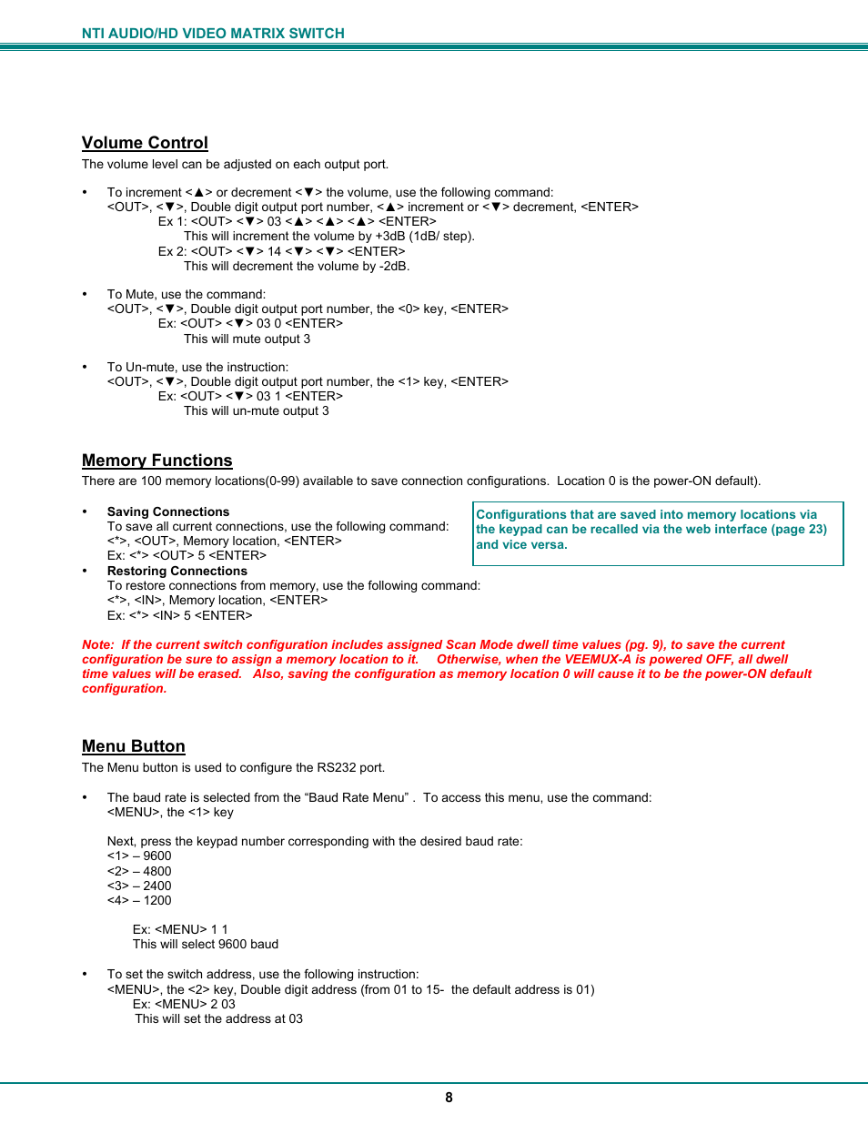 Volume control, Menu button | Network Technologies SM-8X4-HDA User Manual | Page 12 / 47