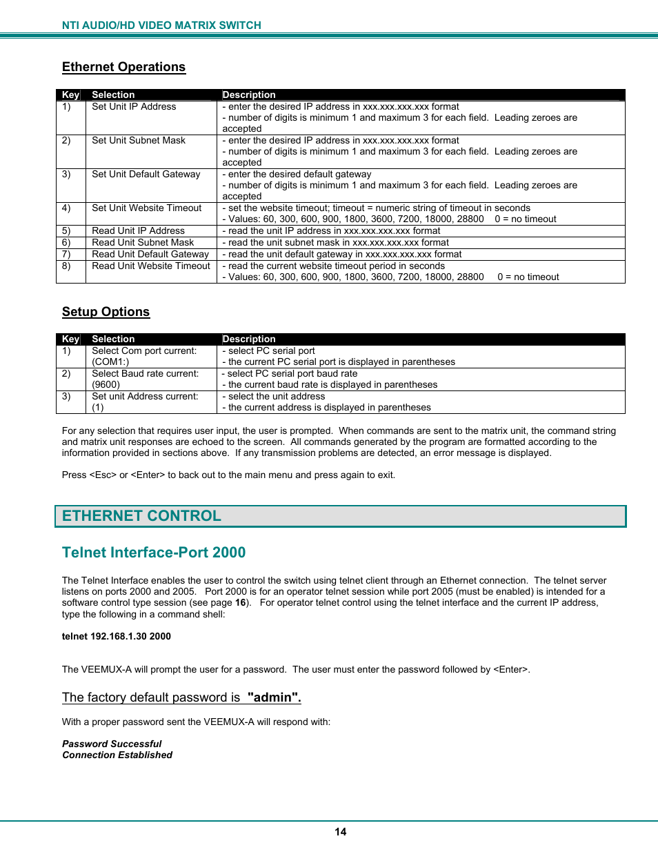 Ethernet control telnet interface-port 2000 | Network Technologies SM-8X4-HDA User Manual | Page 18 / 47