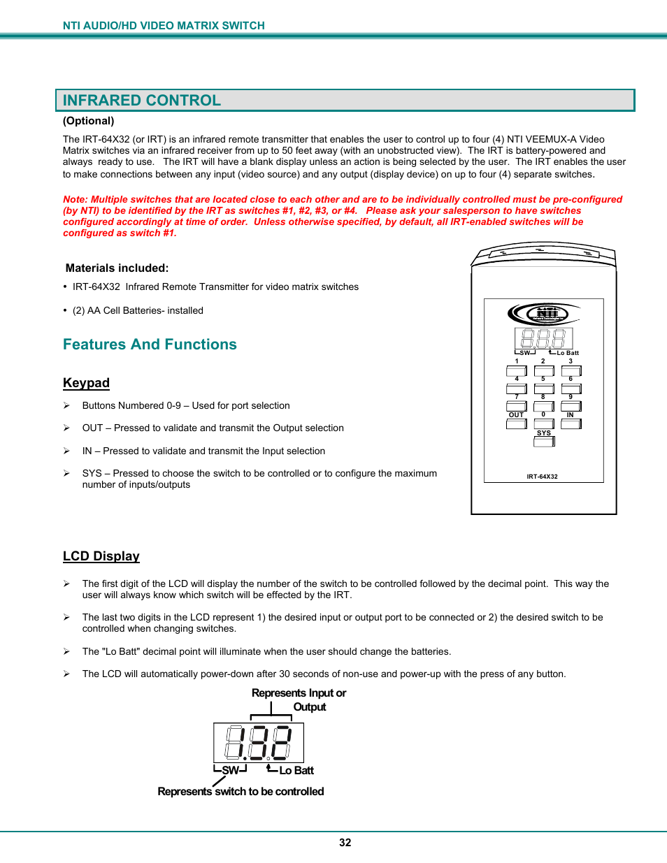 Infrared control, Features and functions, Keypad | Lcd display | Network Technologies SM-8X4-HDA User Manual | Page 36 / 47
