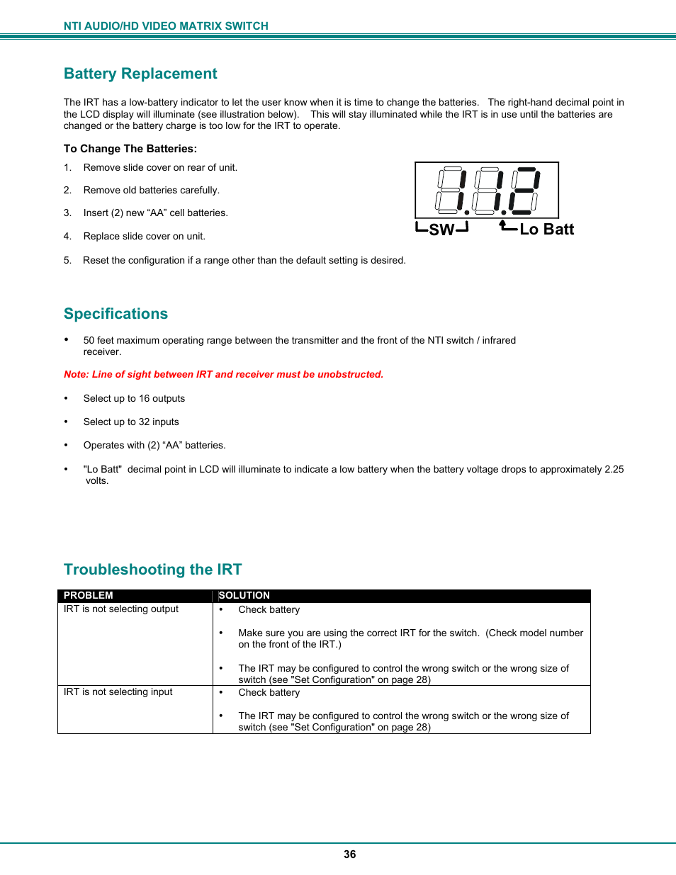 Lo batt sw, Battery replacement, Specifications | Troubleshooting the irt | Network Technologies SM-8X4-HDA User Manual | Page 40 / 47