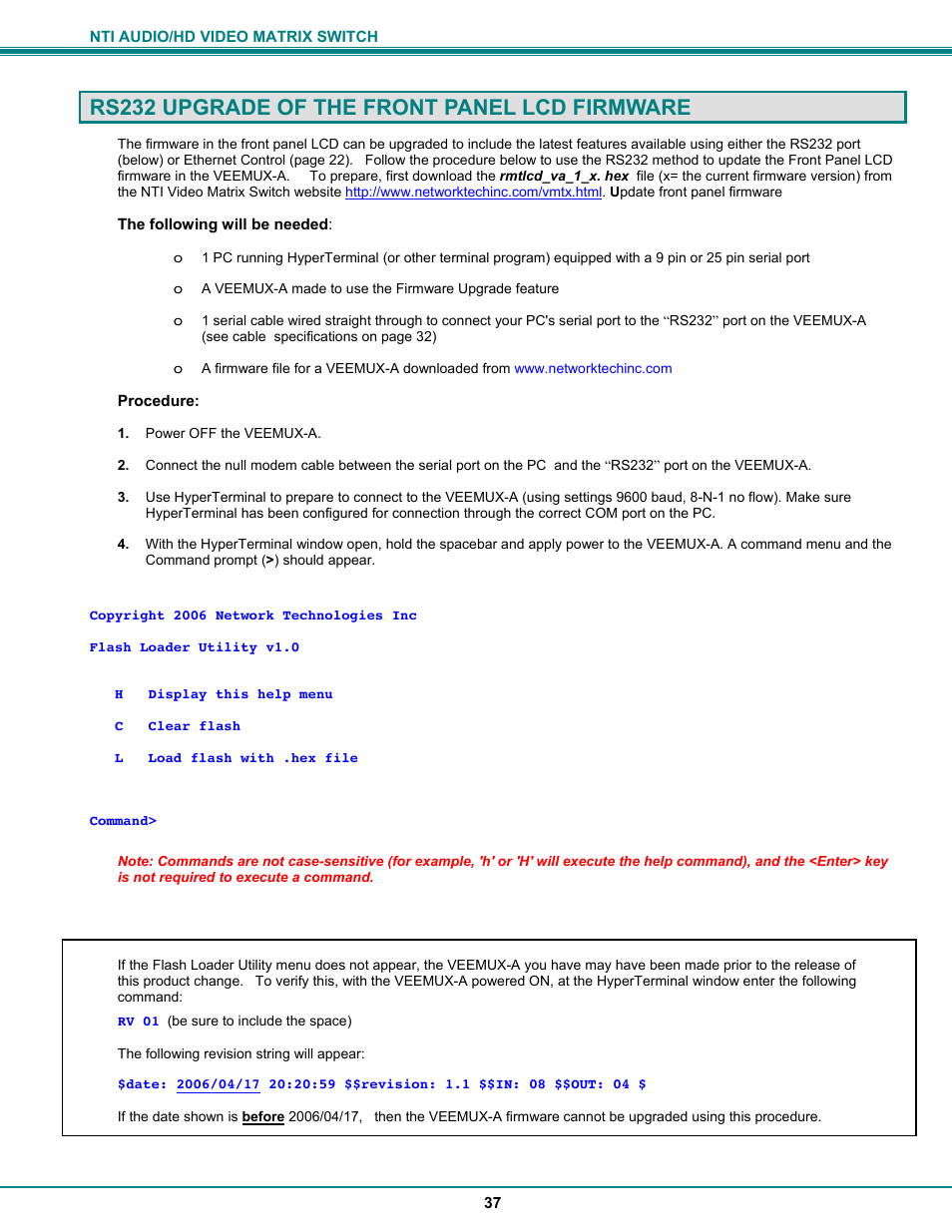 Rs232 upgrade of the front panel lcd firmware | Network Technologies SM-8X4-HDA User Manual | Page 41 / 47