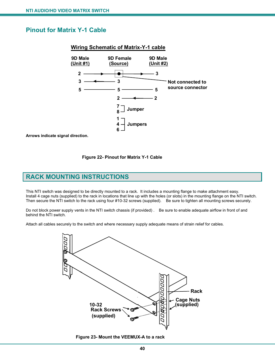 Pinout for matrix y-1 cable, Rack mounting instructions | Network Technologies SM-8X4-HDA User Manual | Page 44 / 47
