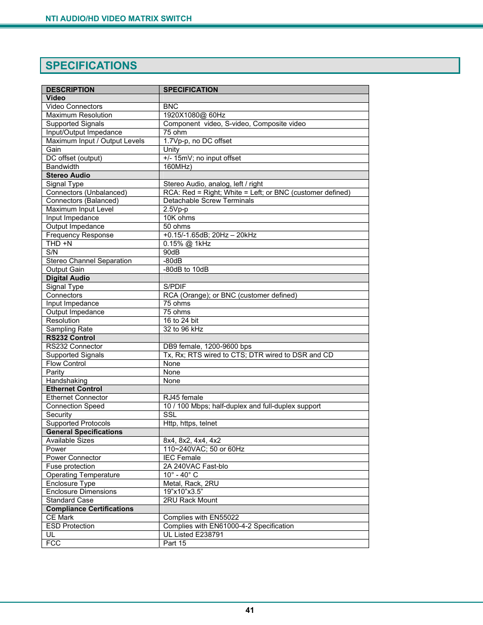 Specifications | Network Technologies SM-8X4-HDA User Manual | Page 45 / 47