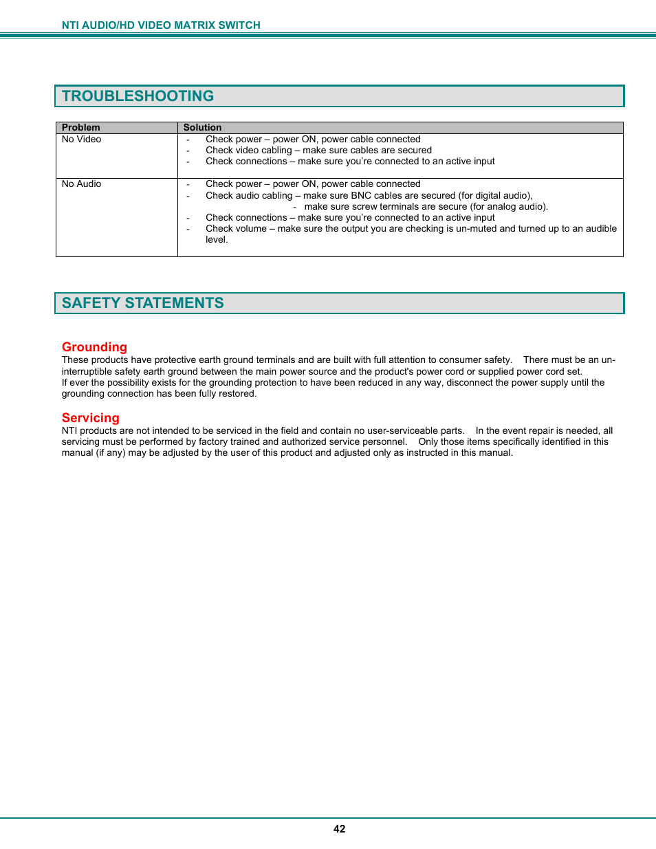 Troubleshooting, Safety statements | Network Technologies SM-8X4-HDA User Manual | Page 46 / 47