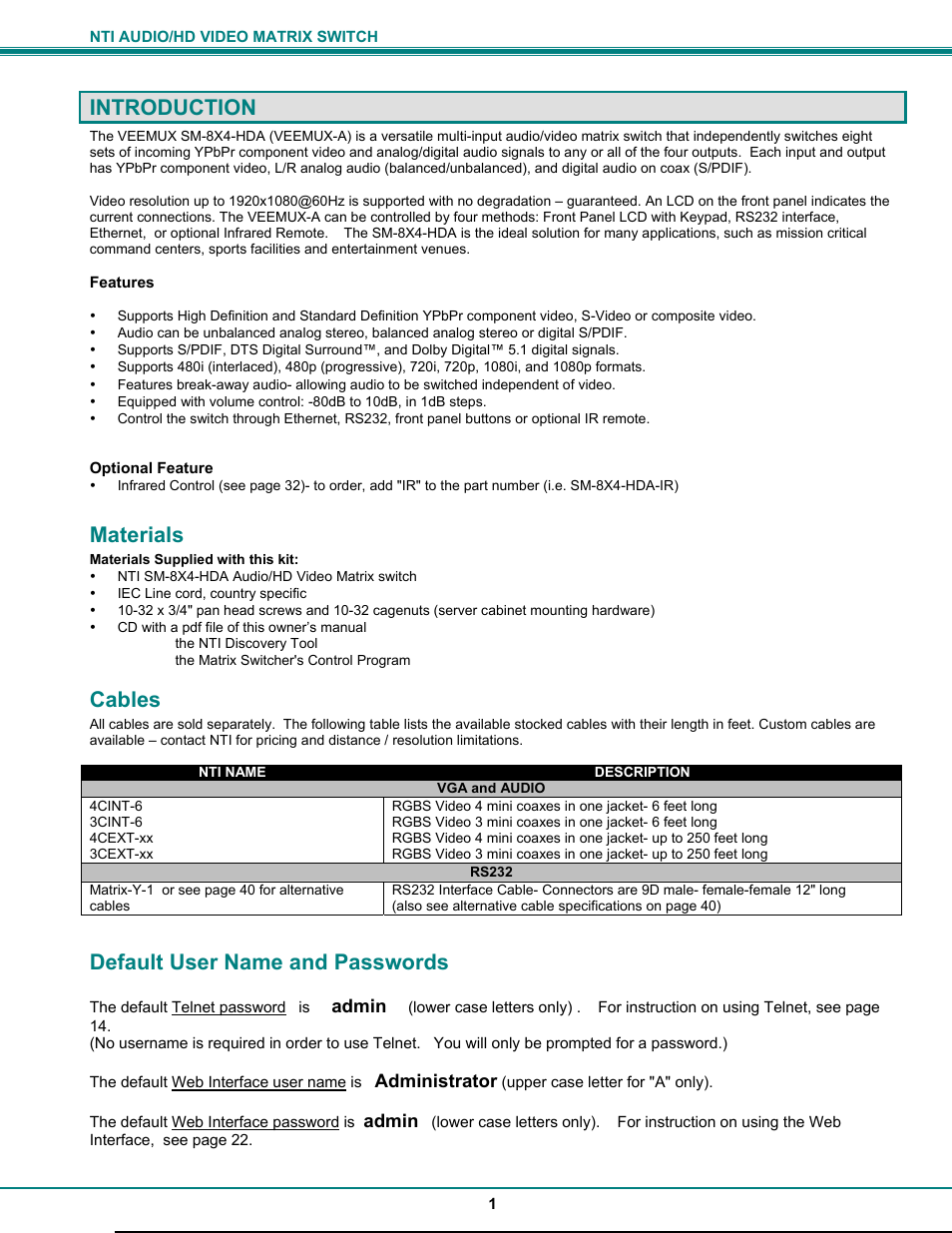 Introduction, Materials, Cables | Default user name and passwords | Network Technologies SM-8X4-HDA User Manual | Page 5 / 47