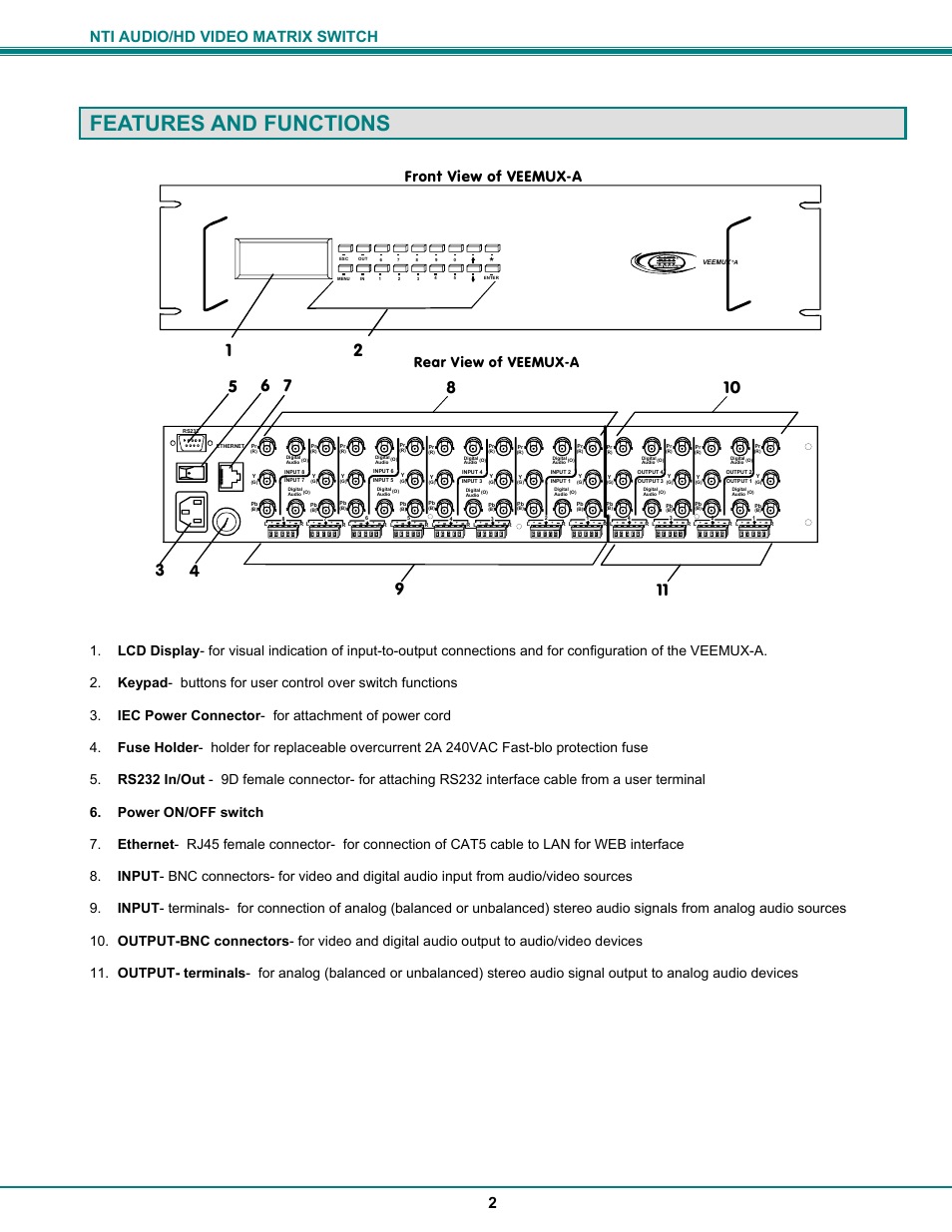 Features and functions, Nti audio/hd video matrix switch 2, Rear view of veemux-a | Front view of veemux-a | Network Technologies SM-8X4-HDA User Manual | Page 6 / 47