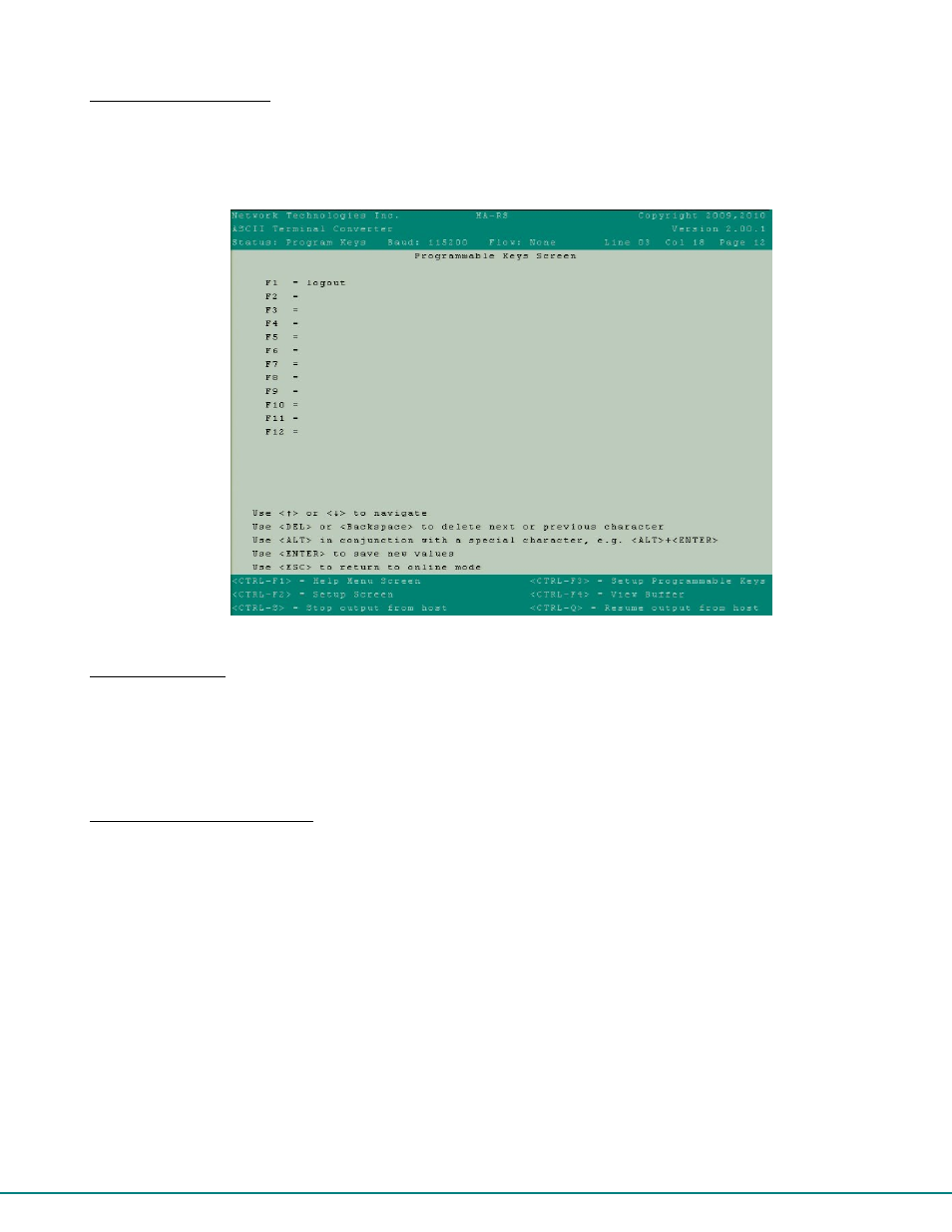 Programmable keys, View the buffer, Stop and resume output | Network Technologies CAT5 User Manual | Page 48 / 54