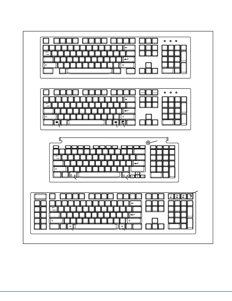 Windows keyboard apple usb keyboard, Typical 101 keyboard, Sun usb keyboard | Figure 45- keyboard layouts | Network Technologies CAT5 User Manual | Page 50 / 54