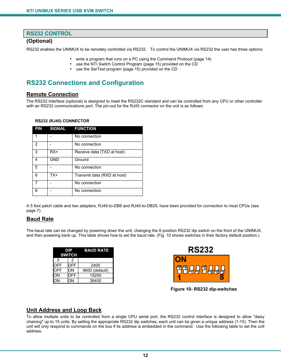 Rs232, 18 on, Rs232 connections and configuration | Network Technologies DVI-x User Manual | Page 15 / 22