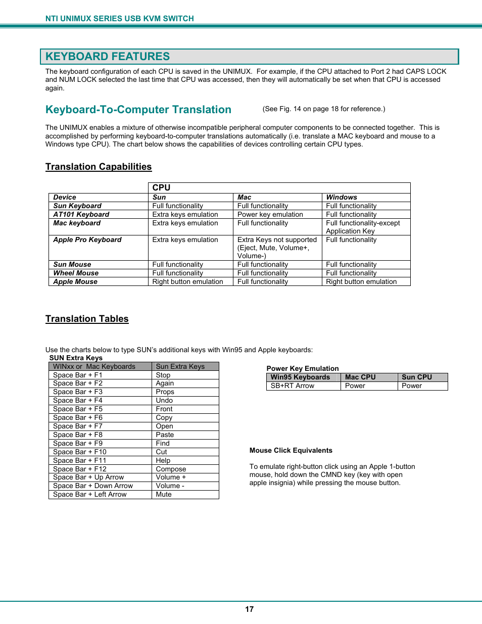 Keyboard features, Keyboard-to-computer translation, Translation capabilities | Translation tables | Network Technologies DVI-x User Manual | Page 20 / 22