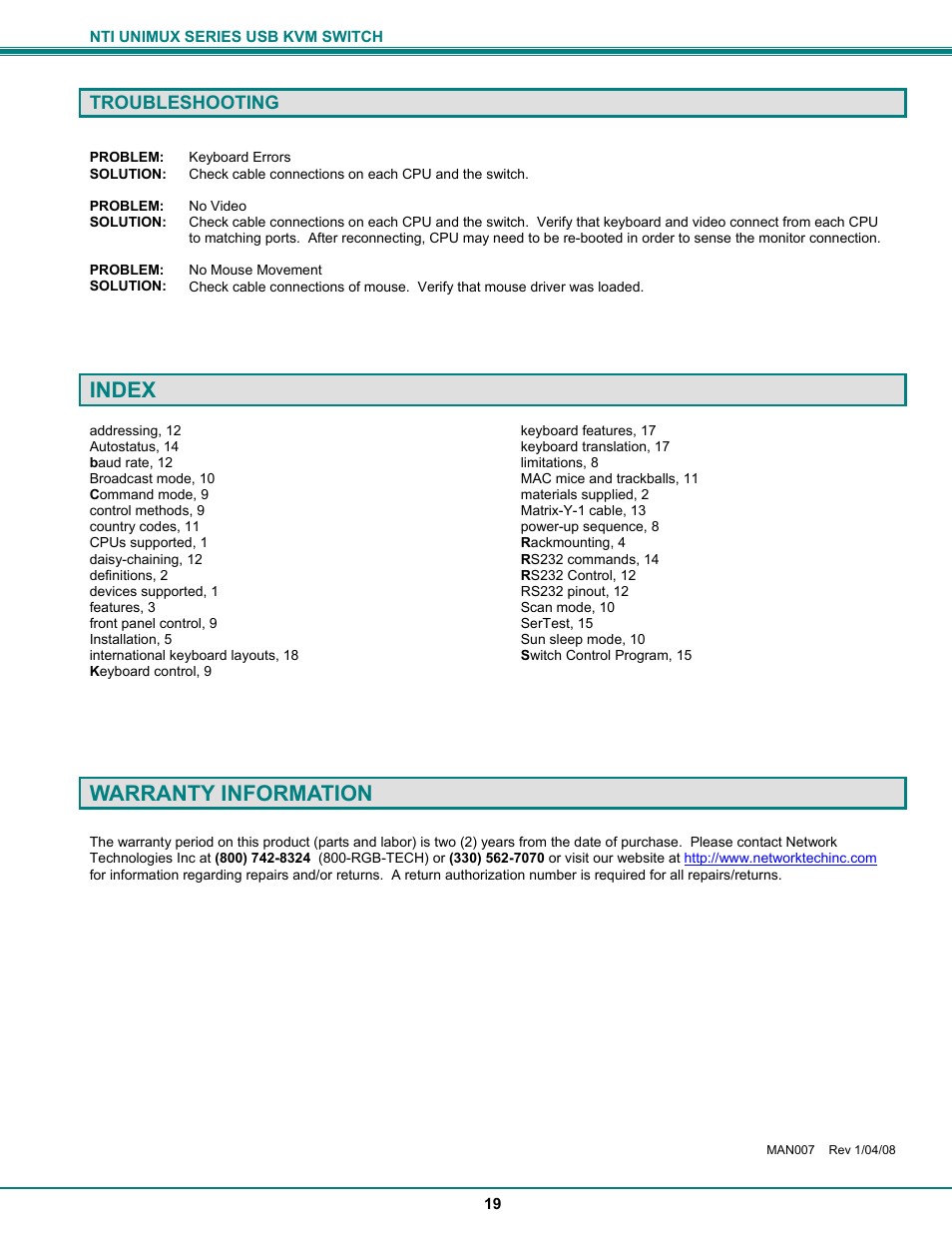 Index, Warranty information, Troubleshooting | Network Technologies DVI-x User Manual | Page 22 / 22