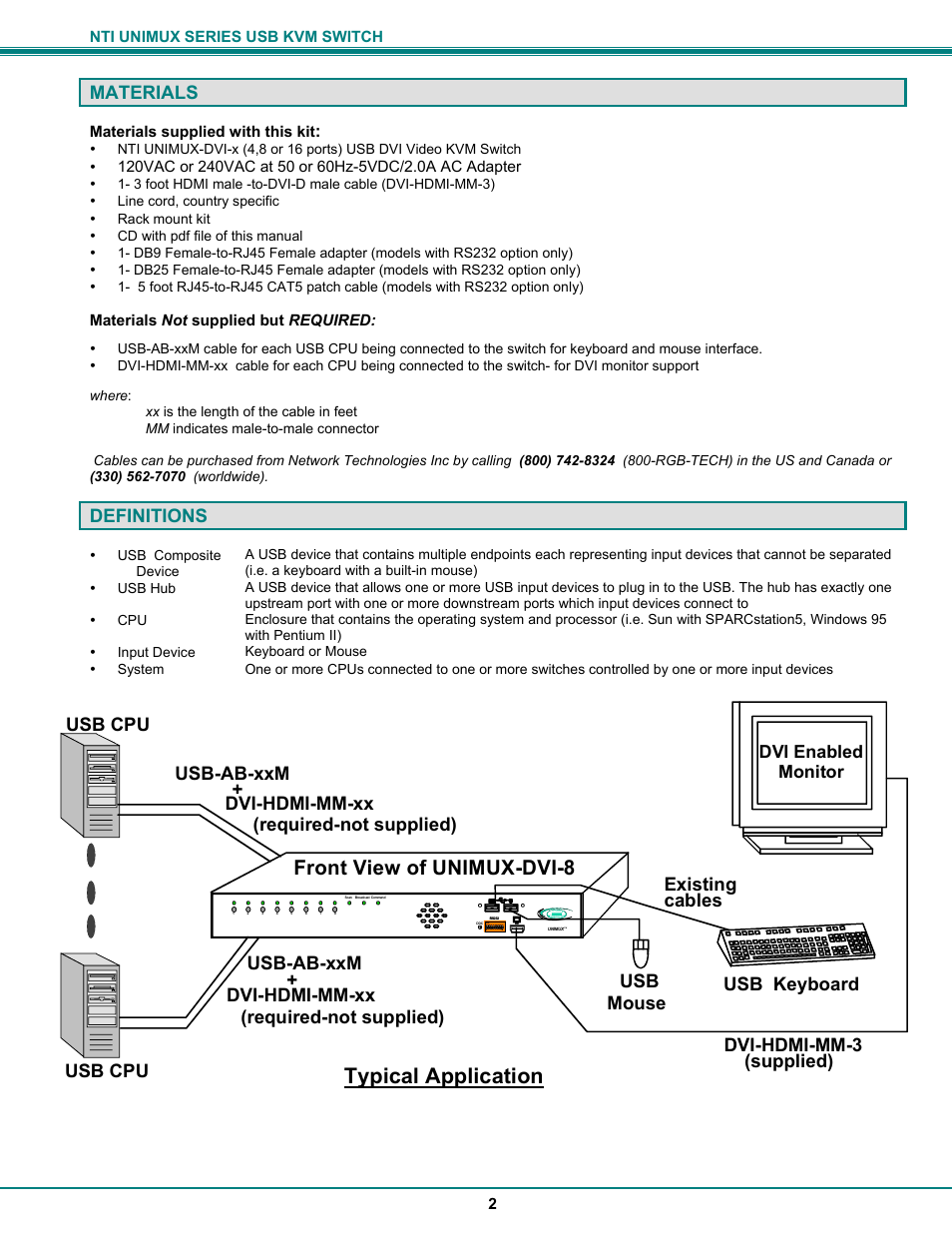 Typical application, Front view of unimux-dvi-8, Materials | Definitions, Usb keyboard usb mouse, Usb cpu, Usb cpu usb-ab-xxm usb-ab-xxm dvi-hdmi-mm-xx, Existing cables dvi-hdmi-mm-xx, Dvi enabled monitor | Network Technologies DVI-x User Manual | Page 5 / 22