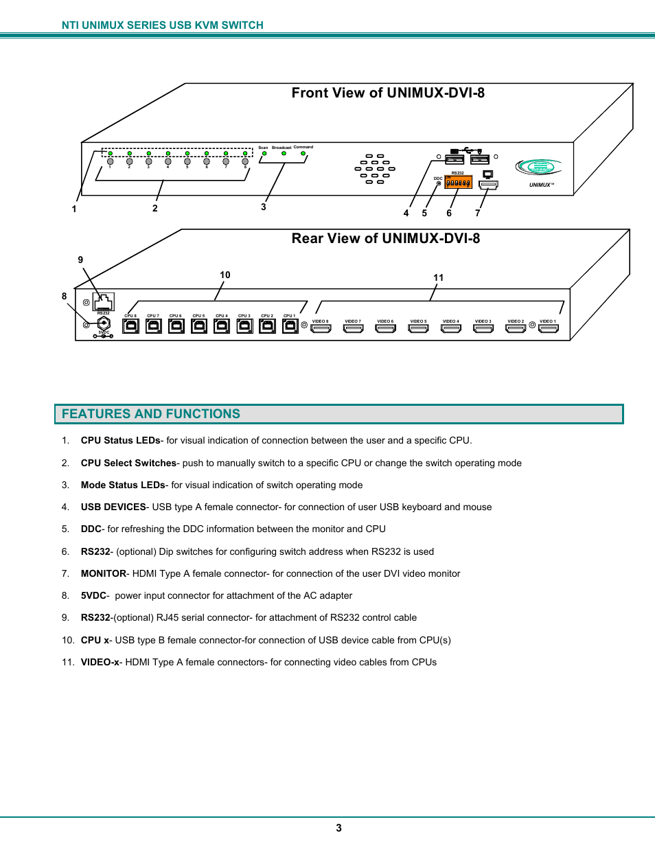 Rear view of unimux-dvi-8, Front view of unimux-dvi-8, Features and functions | Nti unimux series usb kvm switch 3 | Network Technologies DVI-x User Manual | Page 6 / 22