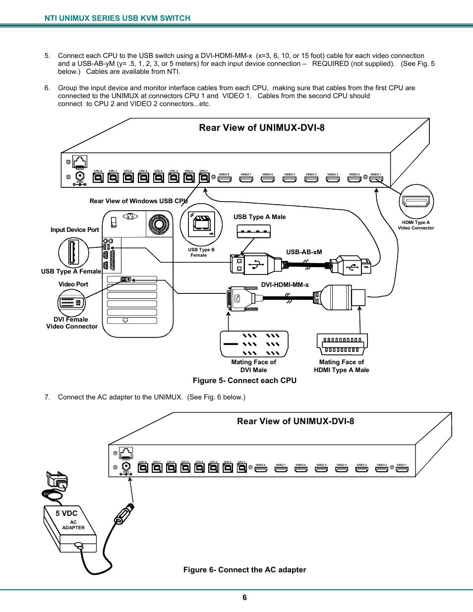 Rear view of unimux-dvi-8, Nti unimux series usb kvm switch 6, Figure 5- connect each cpu | Figure 6- connect the ac adapter, 5 vdc | Network Technologies DVI-x User Manual | Page 9 / 22