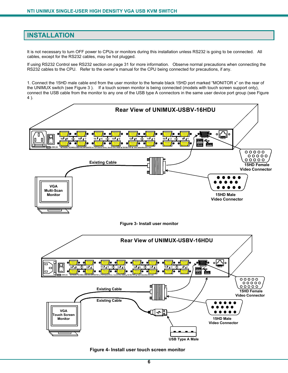 Installation, Rear view of unimux-usbv-16hdu, Figure 4- install user touch screen monitor | Network Technologies UNIMUXUSBVXHD User Manual | Page 11 / 53