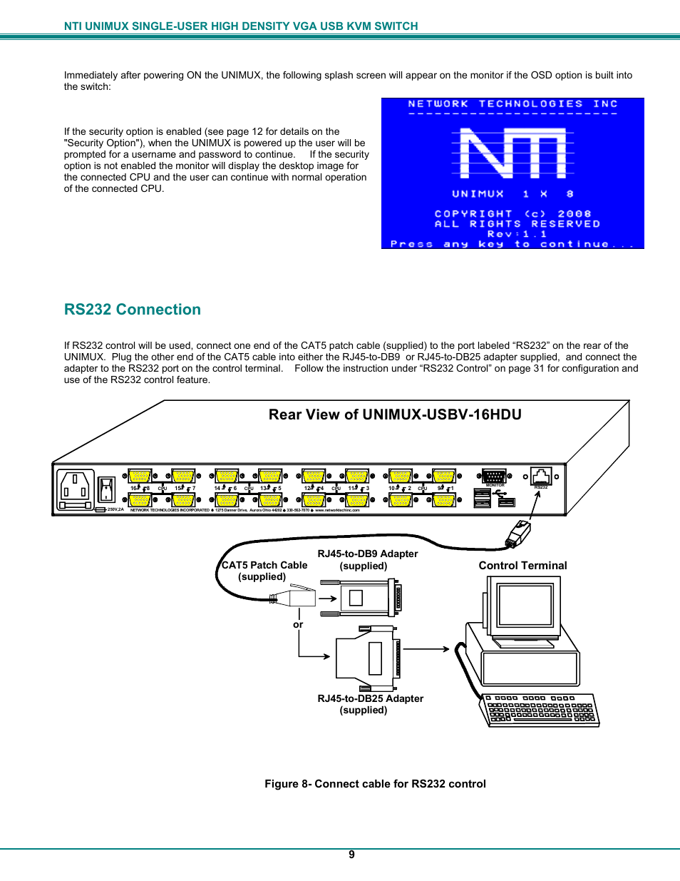 Rs232 connection, Rear view of unimux-usbv-16hdu | Network Technologies UNIMUXUSBVXHD User Manual | Page 14 / 53