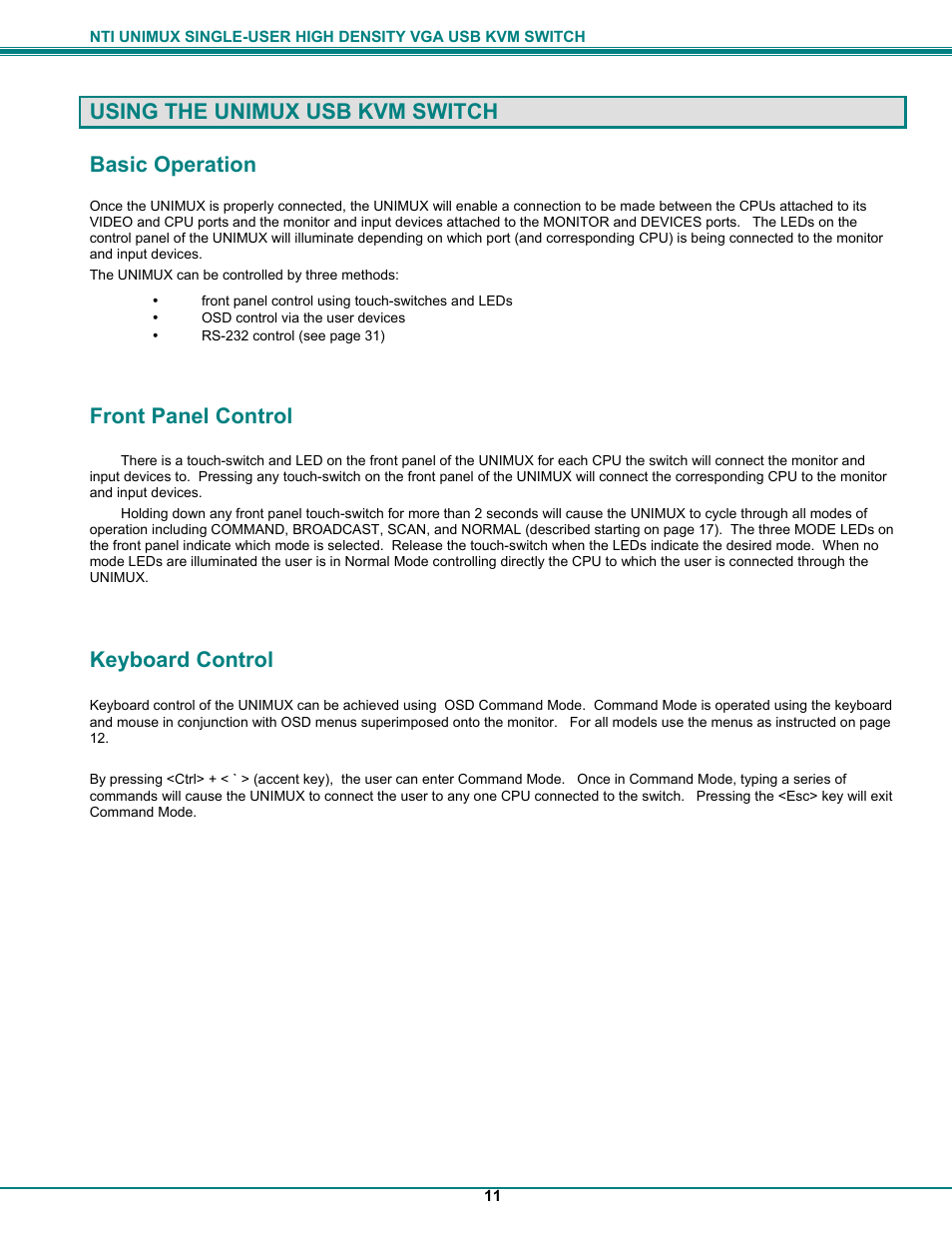 Using the unimux usb kvm switch basic operation, Front panel control, Keyboard control | Network Technologies UNIMUXUSBVXHD User Manual | Page 16 / 53