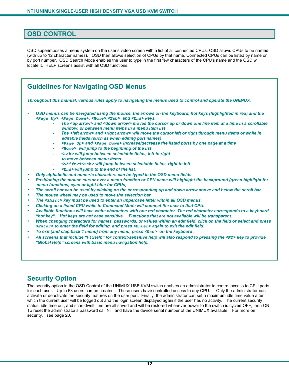 Osd control, Guidelines for navigating osd menus, Security option | Network Technologies UNIMUXUSBVXHD User Manual | Page 17 / 53