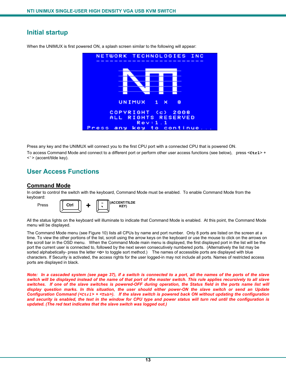 Initial startup, User access functions | Network Technologies UNIMUXUSBVXHD User Manual | Page 18 / 53