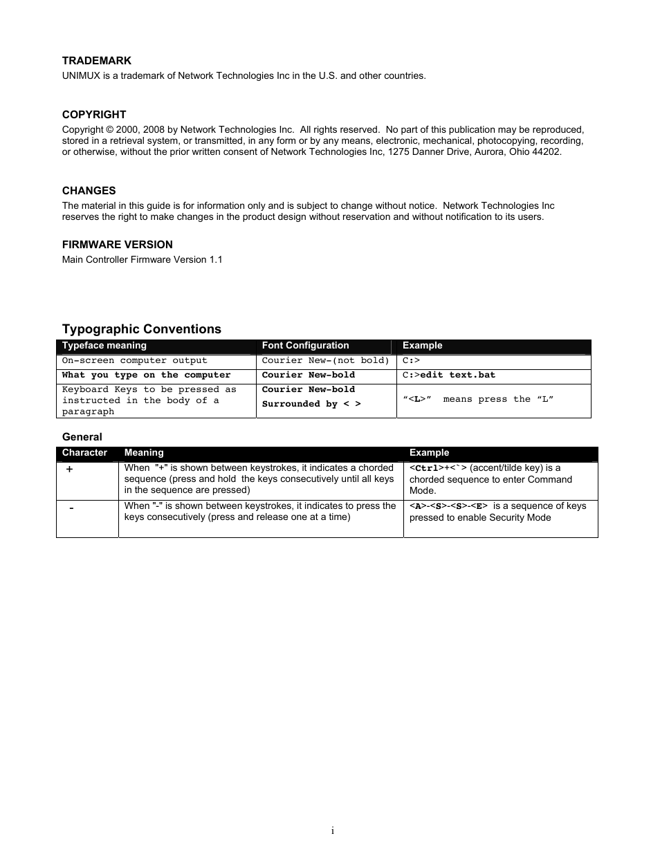 Typographic conventions | Network Technologies UNIMUXUSBVXHD User Manual | Page 2 / 53