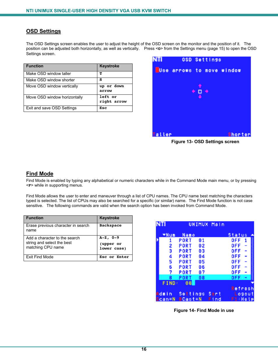 Osd settings, Find mode | Network Technologies UNIMUXUSBVXHD User Manual | Page 21 / 53
