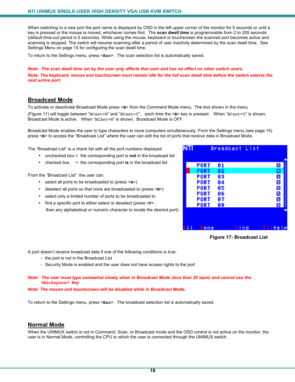 Broadcast mode, Normal mode | Network Technologies UNIMUXUSBVXHD User Manual | Page 23 / 53