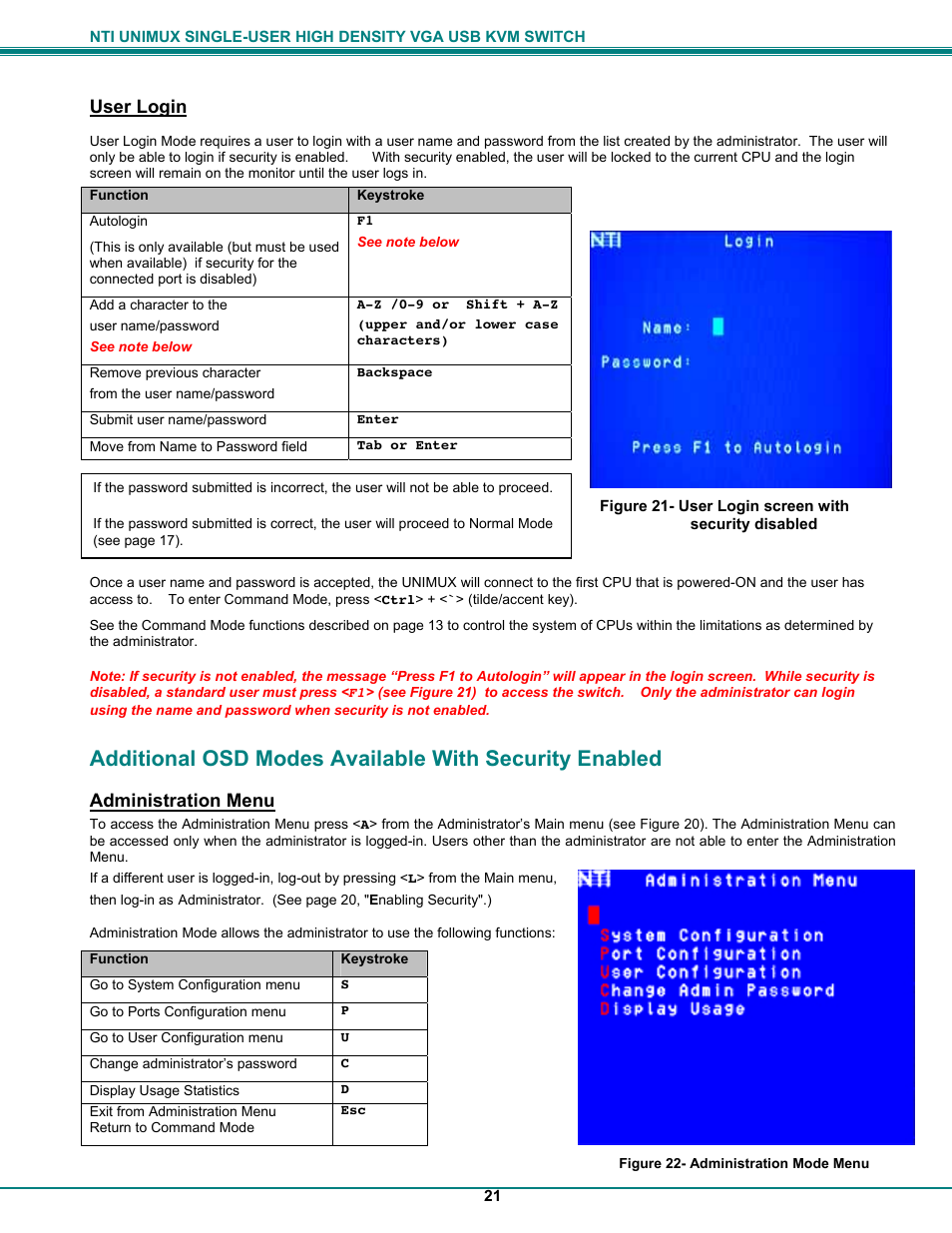 User login, Administration menu | Network Technologies UNIMUXUSBVXHD User Manual | Page 26 / 53