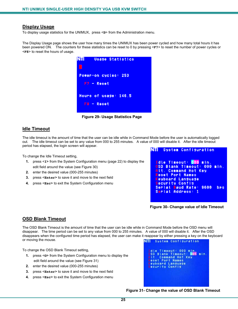 Display usage, Idle timeout, Osd blank timeout | Network Technologies UNIMUXUSBVXHD User Manual | Page 30 / 53