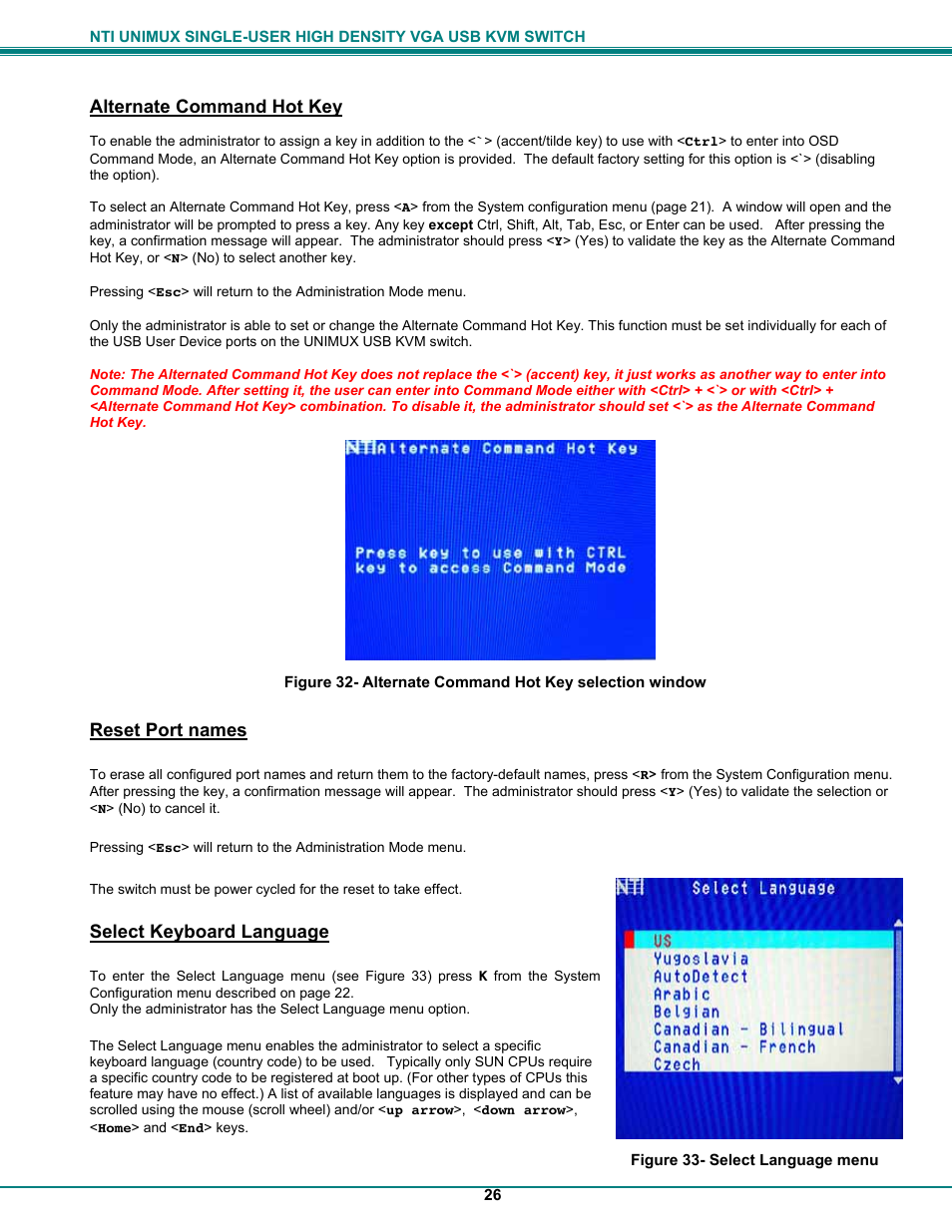 Alternate command hot key, Reset port names, Select keyboard language | Network Technologies UNIMUXUSBVXHD User Manual | Page 31 / 53