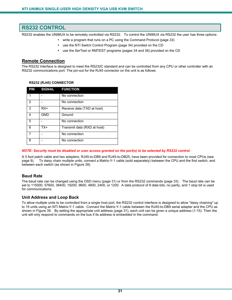 Rs232 control, Remote connection | Network Technologies UNIMUXUSBVXHD User Manual | Page 36 / 53