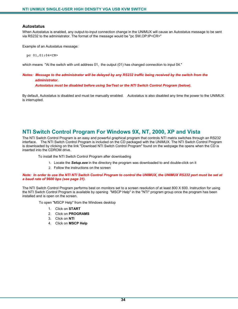 Autostatus | Network Technologies UNIMUXUSBVXHD User Manual | Page 39 / 53