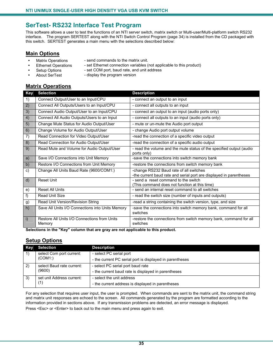 Sertest- rs232 interface test program, Main options, Matrix operations | Setup options | Network Technologies UNIMUXUSBVXHD User Manual | Page 40 / 53