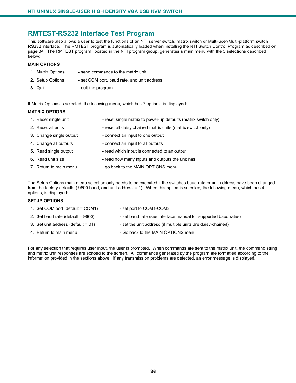 Rmtest-rs232 interface test program | Network Technologies UNIMUXUSBVXHD User Manual | Page 41 / 53