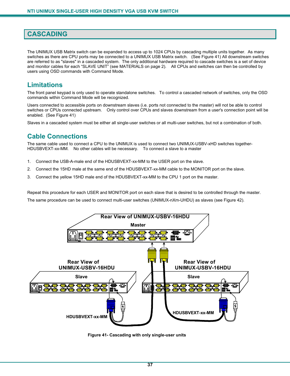 Cascading, Limitations, Cable connections | Master slave slave, Hdusbvext-xx-mm | Network Technologies UNIMUXUSBVXHD User Manual | Page 42 / 53