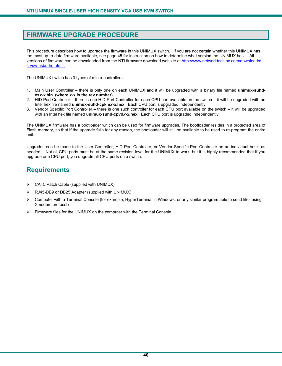 Firmware upgrade procedure, Requirements | Network Technologies UNIMUXUSBVXHD User Manual | Page 45 / 53