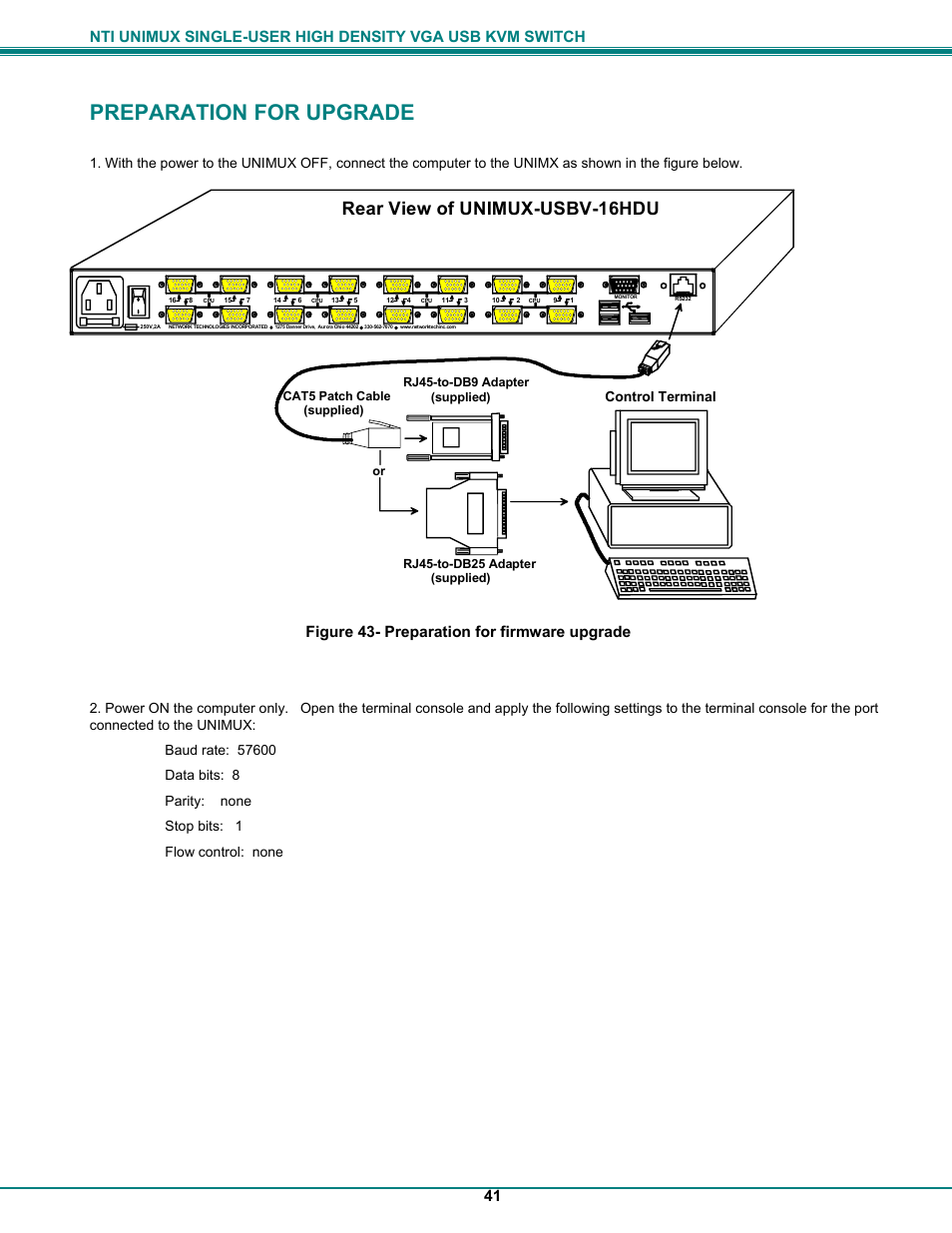 Preparation for upgrade, Rear view of unimux-usbv-16hdu | Network Technologies UNIMUXUSBVXHD User Manual | Page 46 / 53