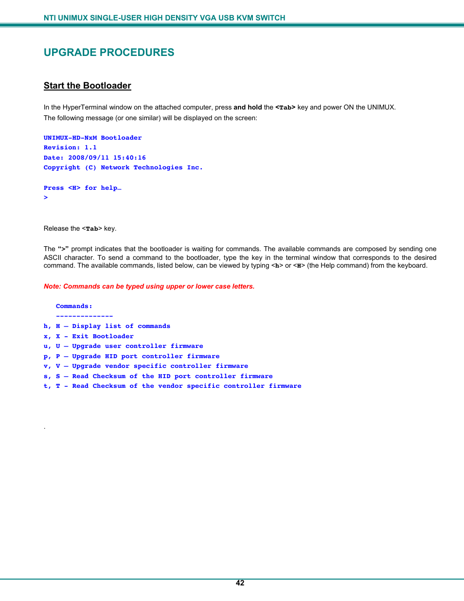 Upgrade procedures, Start the bootloader | Network Technologies UNIMUXUSBVXHD User Manual | Page 47 / 53