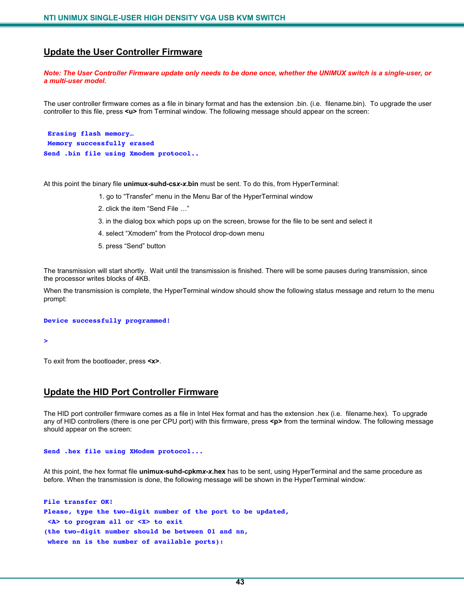 Update the user controller firmware, Update the hid port controller firmware | Network Technologies UNIMUXUSBVXHD User Manual | Page 48 / 53