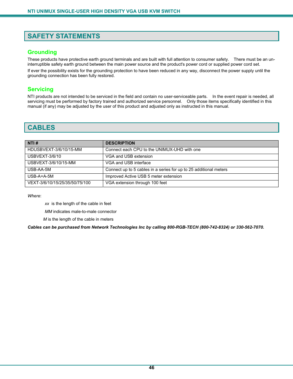 Safety statements, Cables | Network Technologies UNIMUXUSBVXHD User Manual | Page 51 / 53