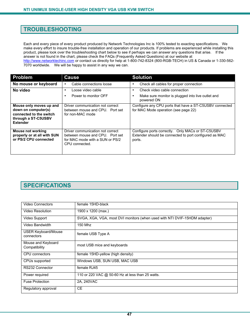 Troubleshooting, Specifications | Network Technologies UNIMUXUSBVXHD User Manual | Page 52 / 53