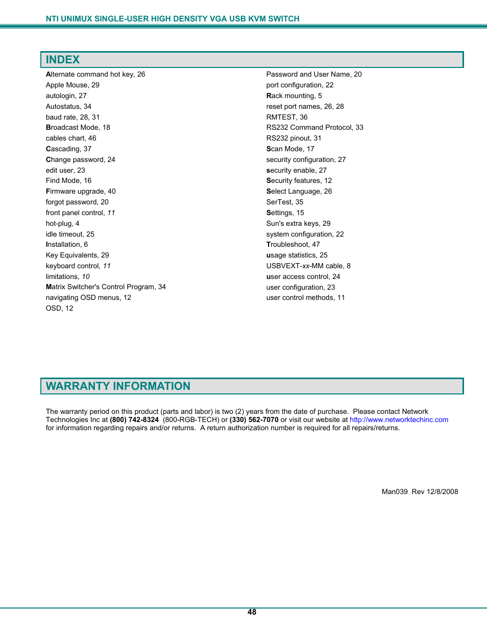 Index, Warranty information | Network Technologies UNIMUXUSBVXHD User Manual | Page 53 / 53