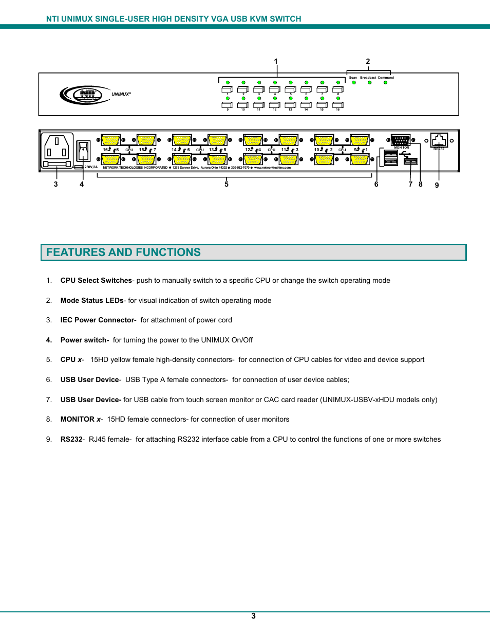 Features and functions | Network Technologies UNIMUXUSBVXHD User Manual | Page 8 / 53