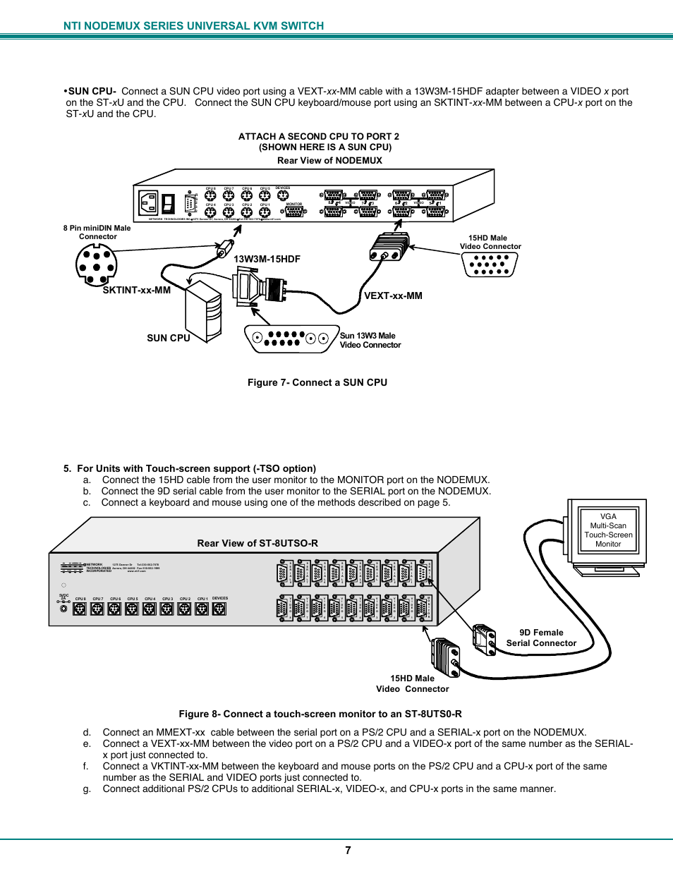 Nti nodemux series universal kvm switch 7, Rear view of nodemux, Rear view of st-8utso-r | Sun 13w3 male video connector, Vga multi-scan touch-screen monitor | Network Technologies ST-xU User Manual | Page 11 / 33