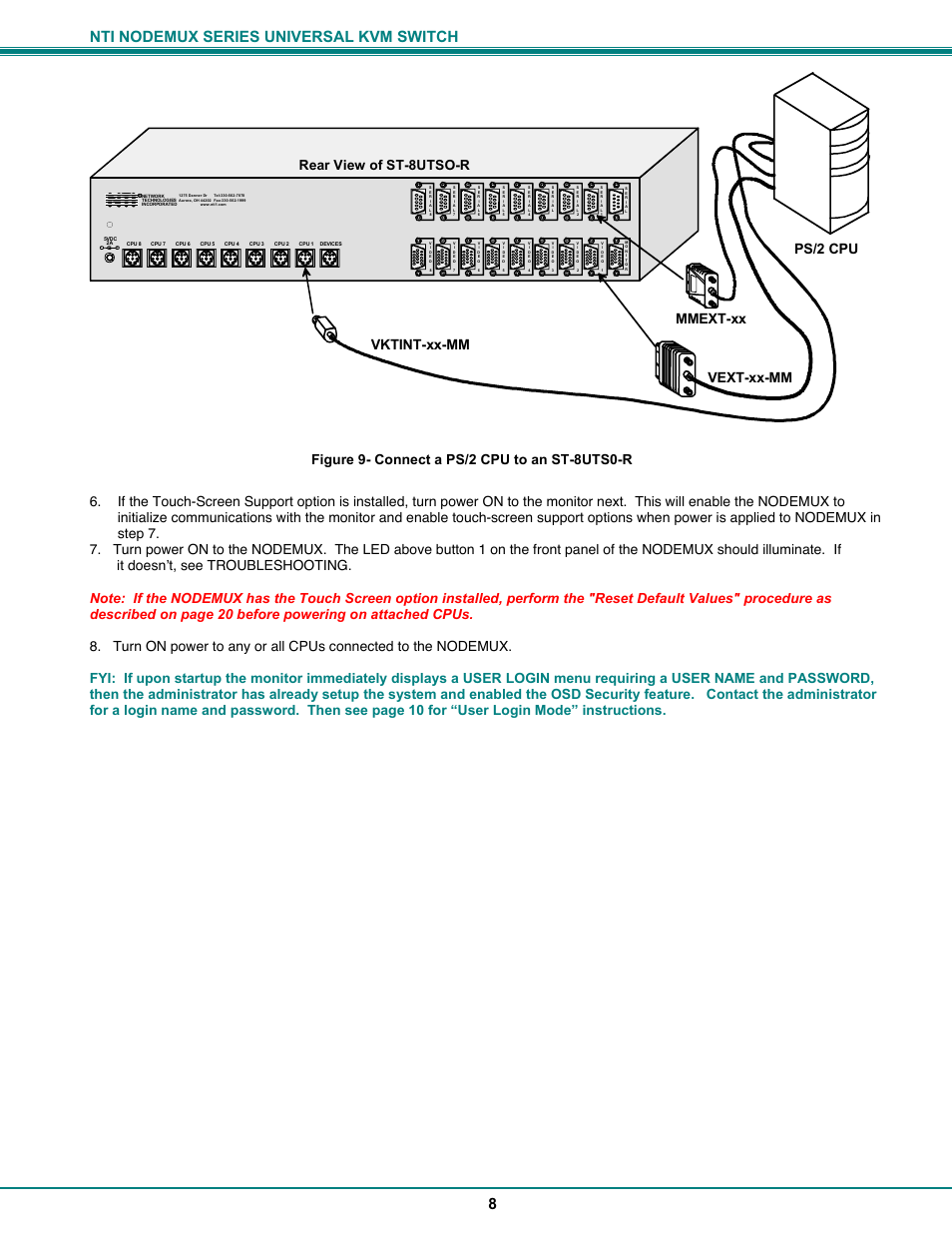 Nti nodemux series universal kvm switch 8, Rear view of st-8utso-r | Network Technologies ST-xU User Manual | Page 12 / 33