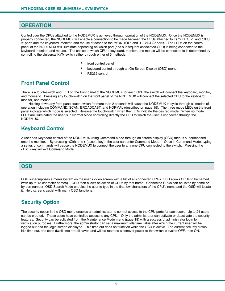 Operation, Front panel control, Keyboard control | Security option | Network Technologies ST-xU User Manual | Page 13 / 33